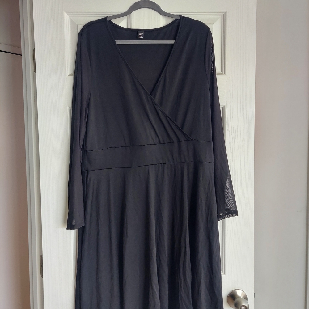 SHEIN Black A-Line Wrap Dress Long Sleeve V-Neck
